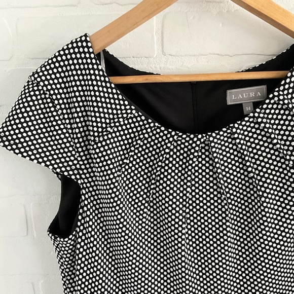 Vintage Laura Peplum dress Polka dot Belted Round neck Black White Pleated Sz 14 - Picture 3 of 11
